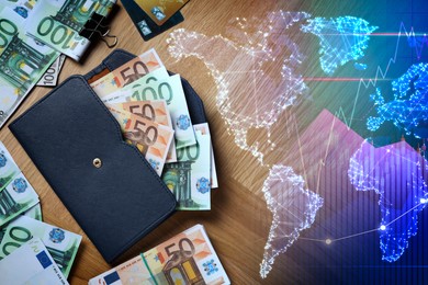 Foreign exchange market. Double exposure of digital world map, currency charts and money