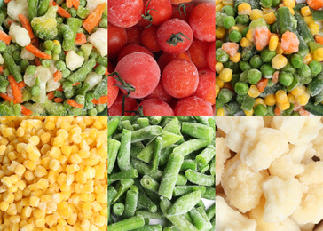 Image of Collage with different frozen vegetables as background, top view