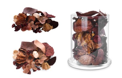 Set with scented potpourri on white background