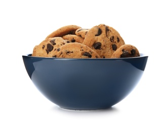 Photo of Bowl with tasty chocolate chip cookies on white background