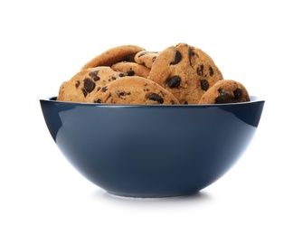 Bowl with tasty chocolate chip cookies on white background