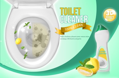 Image of Toilet cleaner and shiny unstained bowl, ad design  