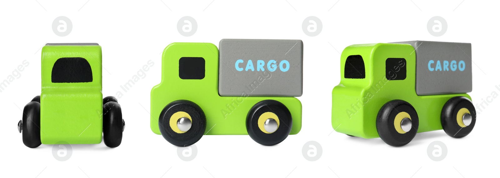 Image of Green truck isolated on white, different angles. Collage design with children's toy