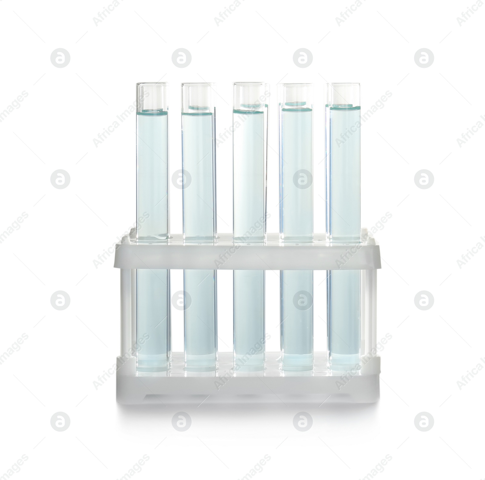 Photo of Holder with test tubes on white background. Laboratory analysis