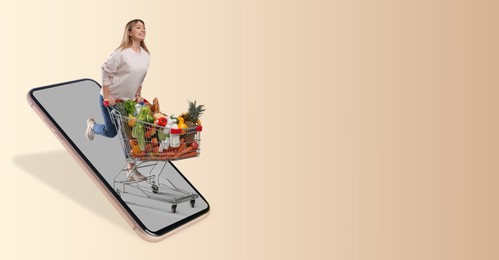 Image of Online purchases. Woman with shopping cart full of different products running out from smartphone on beige background. Banner design with space for text