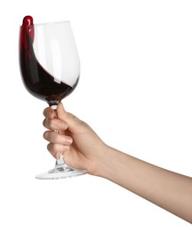 Photo of Woman with glass of wine isolated on white, closeup