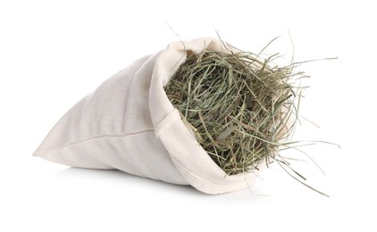 Photo of Dried hay in burlap sack isolated on white