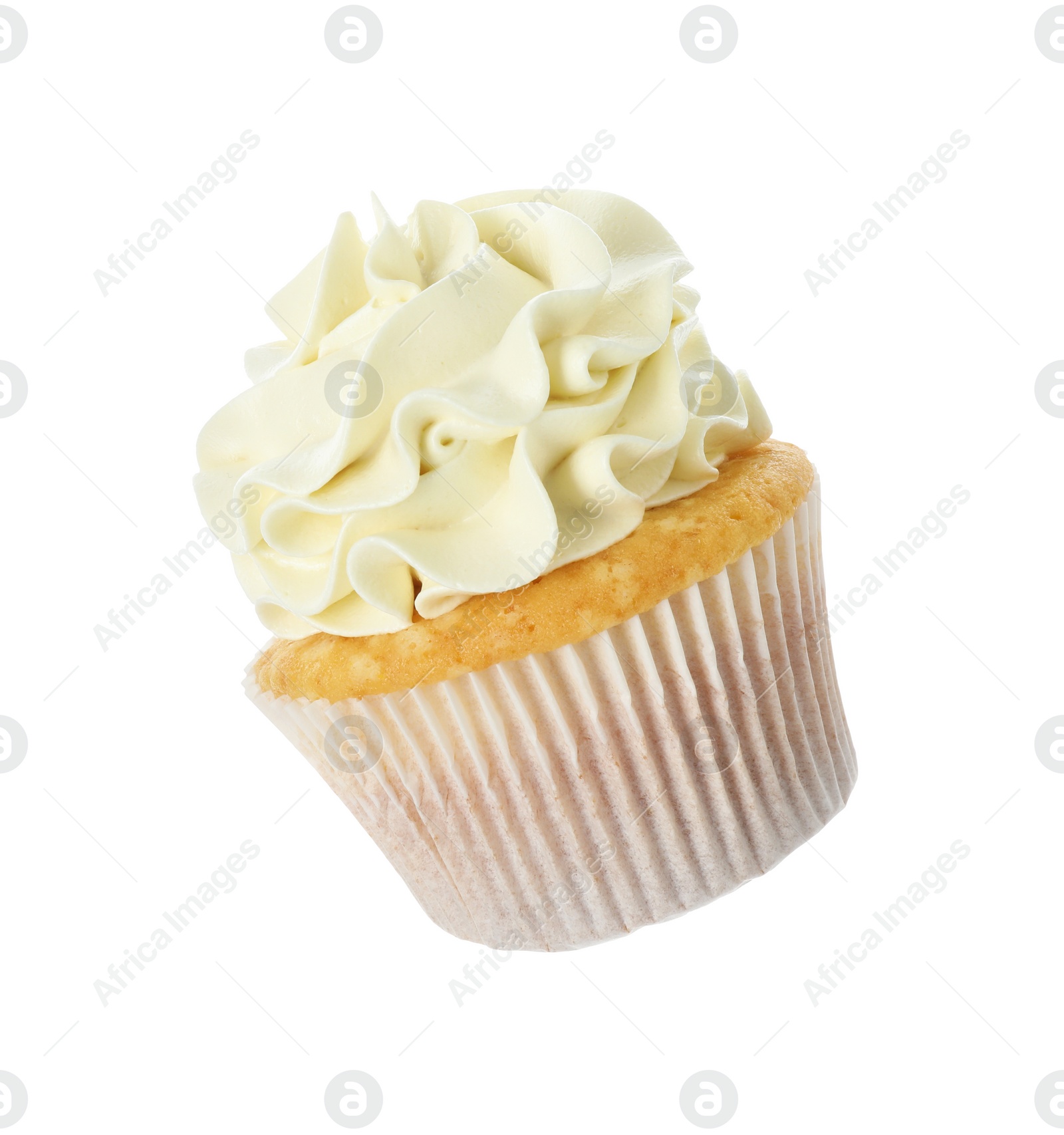 Photo of Tasty vanilla cupcake with cream isolated on white