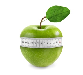 Green apple with measuring tape on white background. Slimming, weight loss concept