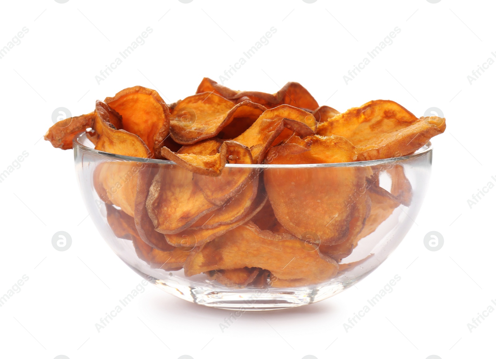 Photo of Bowl of tasty sweet potato chips isolated on white