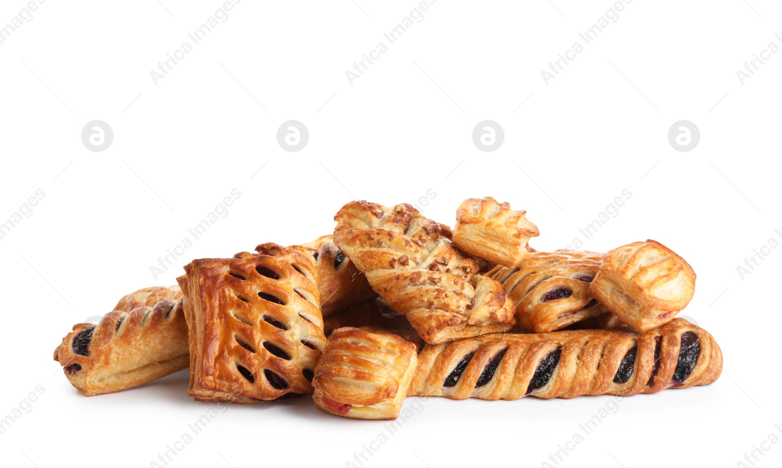 Photo of Heap of fresh tasty puff pastries on white background