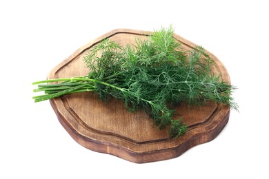 Photo of Serving board with sprigs of fresh dill isolated on white