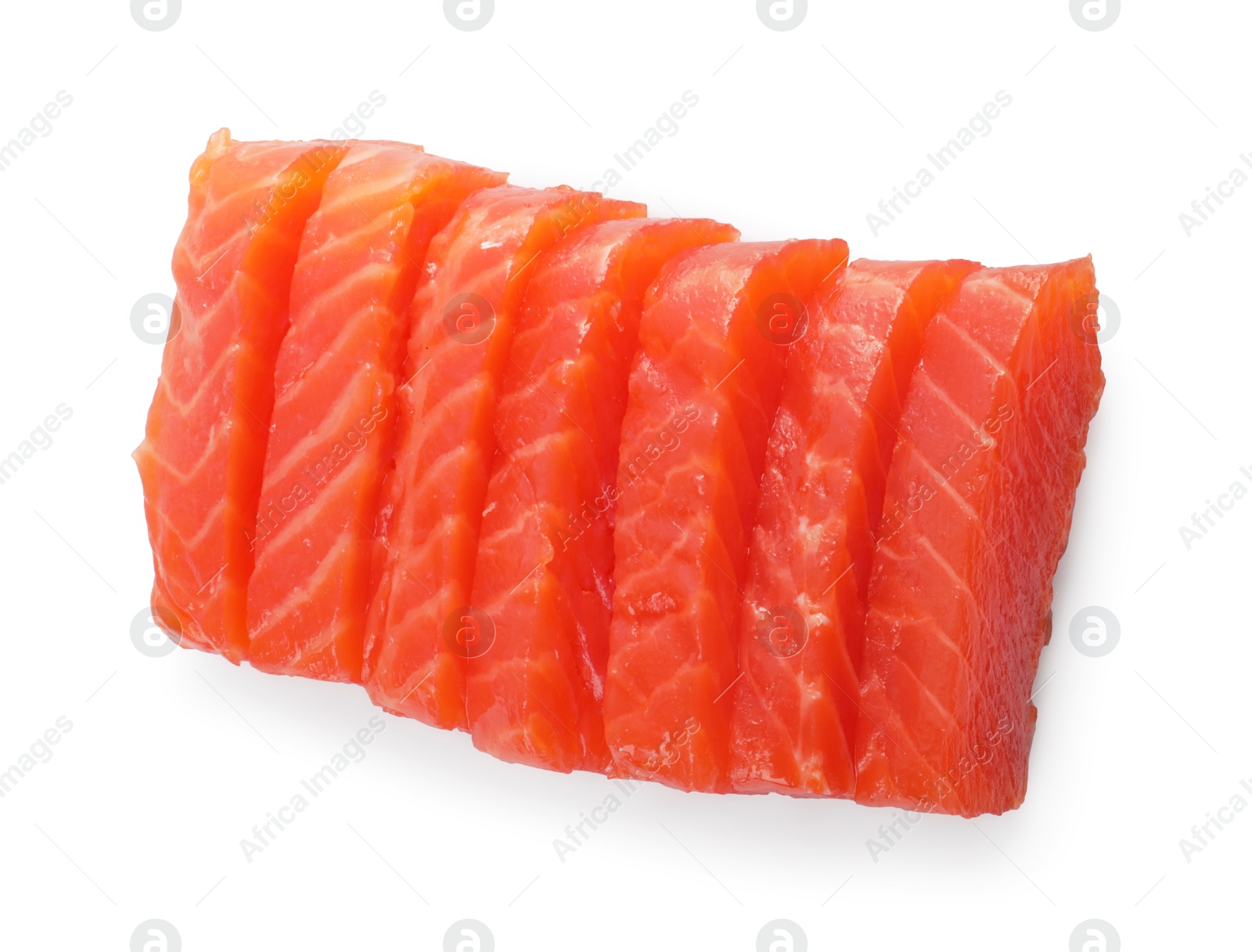 Photo of Tasty sashimi (slices of raw salmon) isolated on white, top view