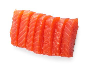 Photo of Tasty sashimi (slices of raw salmon) isolated on white, top view