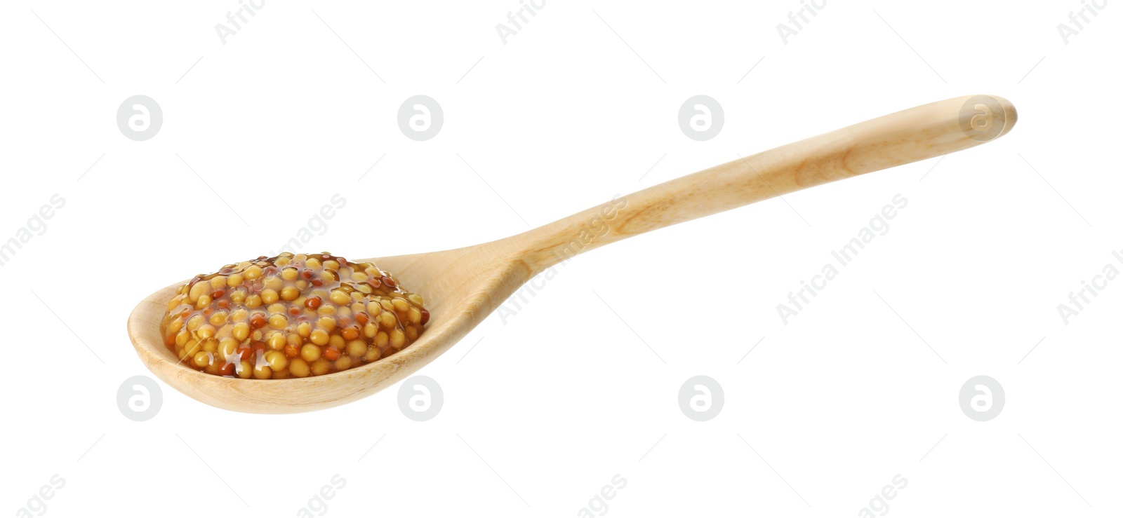 Photo of Spoon with fresh whole grain mustard isolated on white