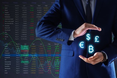 Image of Stock exchange. Businessman showing virtual currency symbols and electronic online trading platform on background 