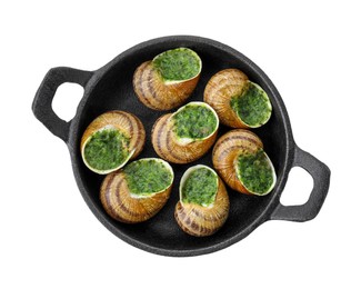 Photo of Delicious cooked snails in baking dish isolated on white, top view