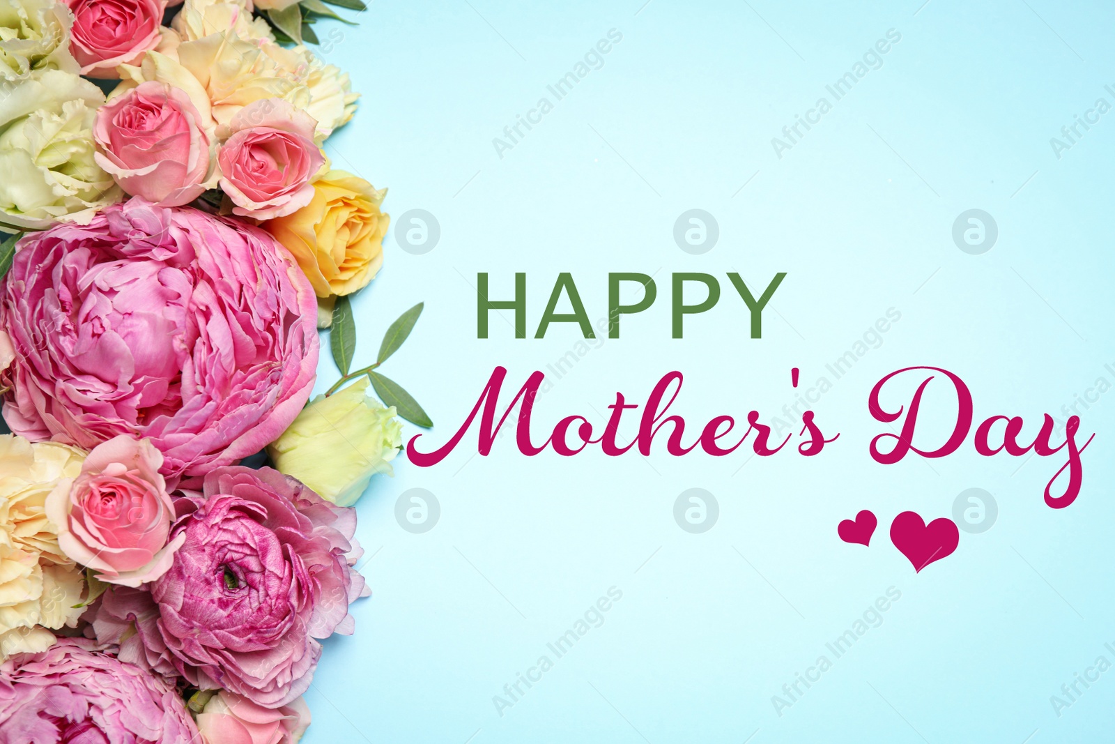 Image of Happy Mother's Day. Happy Mother's Day. Beautiful flowers on light blue background, flat lay