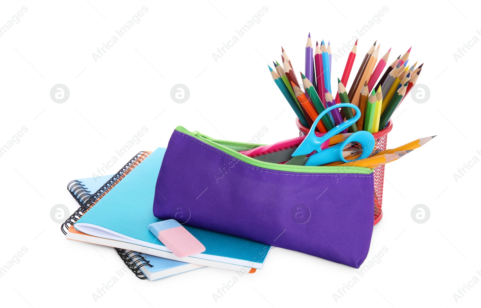 Photo of Many different school stationery isolated on white