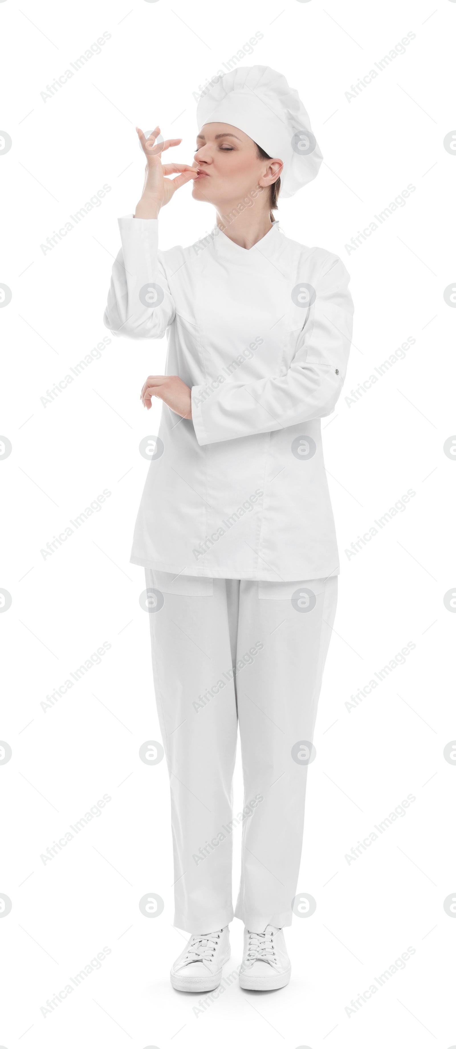 Photo of Chef in uniform showing perfect sign on white background