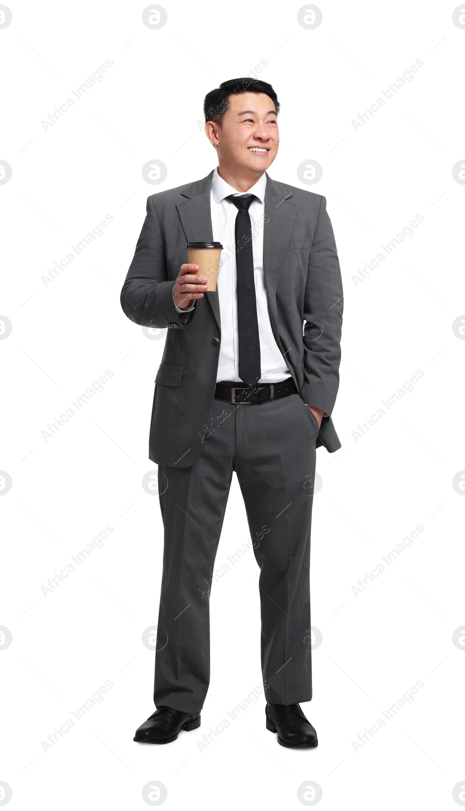 Photo of Businessman in suit with cup of drink on white background