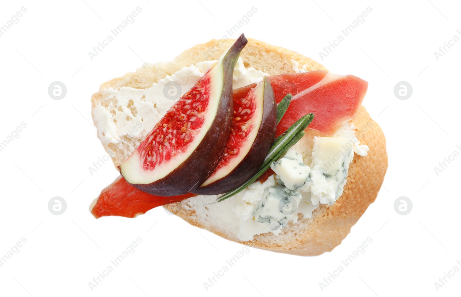 Photo of Sandwich with ripe fig, prosciutto and cream cheese on white background, top view