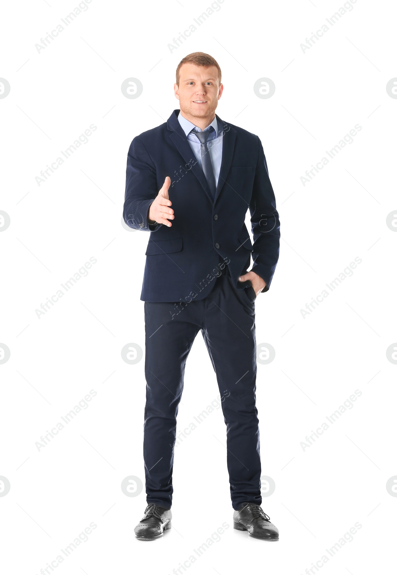 Photo of Business trainer reaching out for handshake on white background