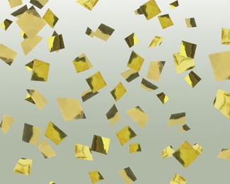 Image of Shiny golden confetti falling on color background