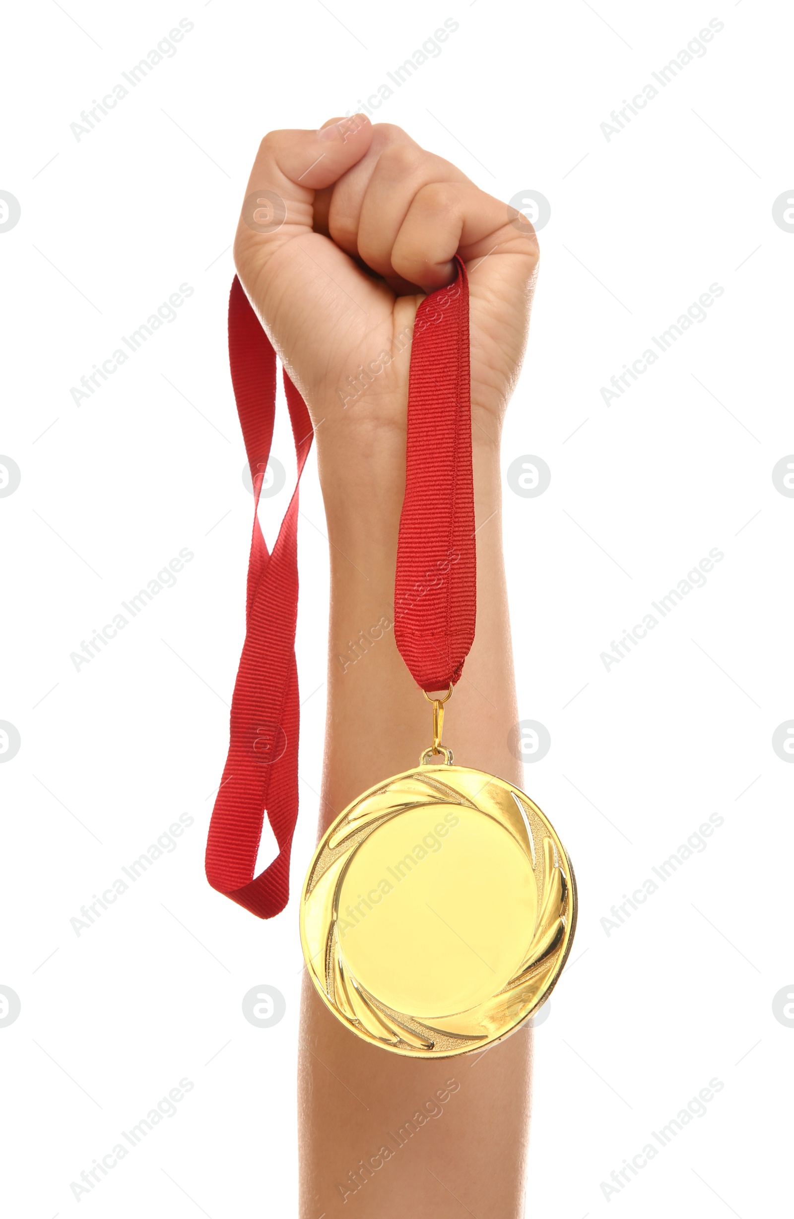 Photo of Woman holding gold medal on white background, closeup