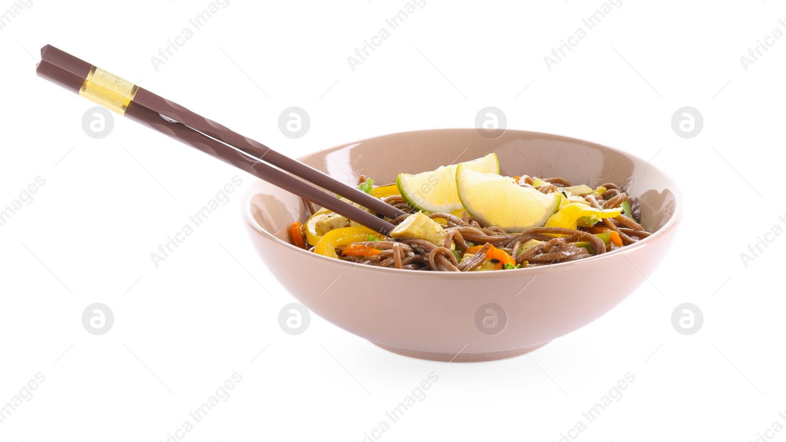 Photo of Stir-fry. Delicious cooked noodles with chicken in bowl and chopsticks isolated on white