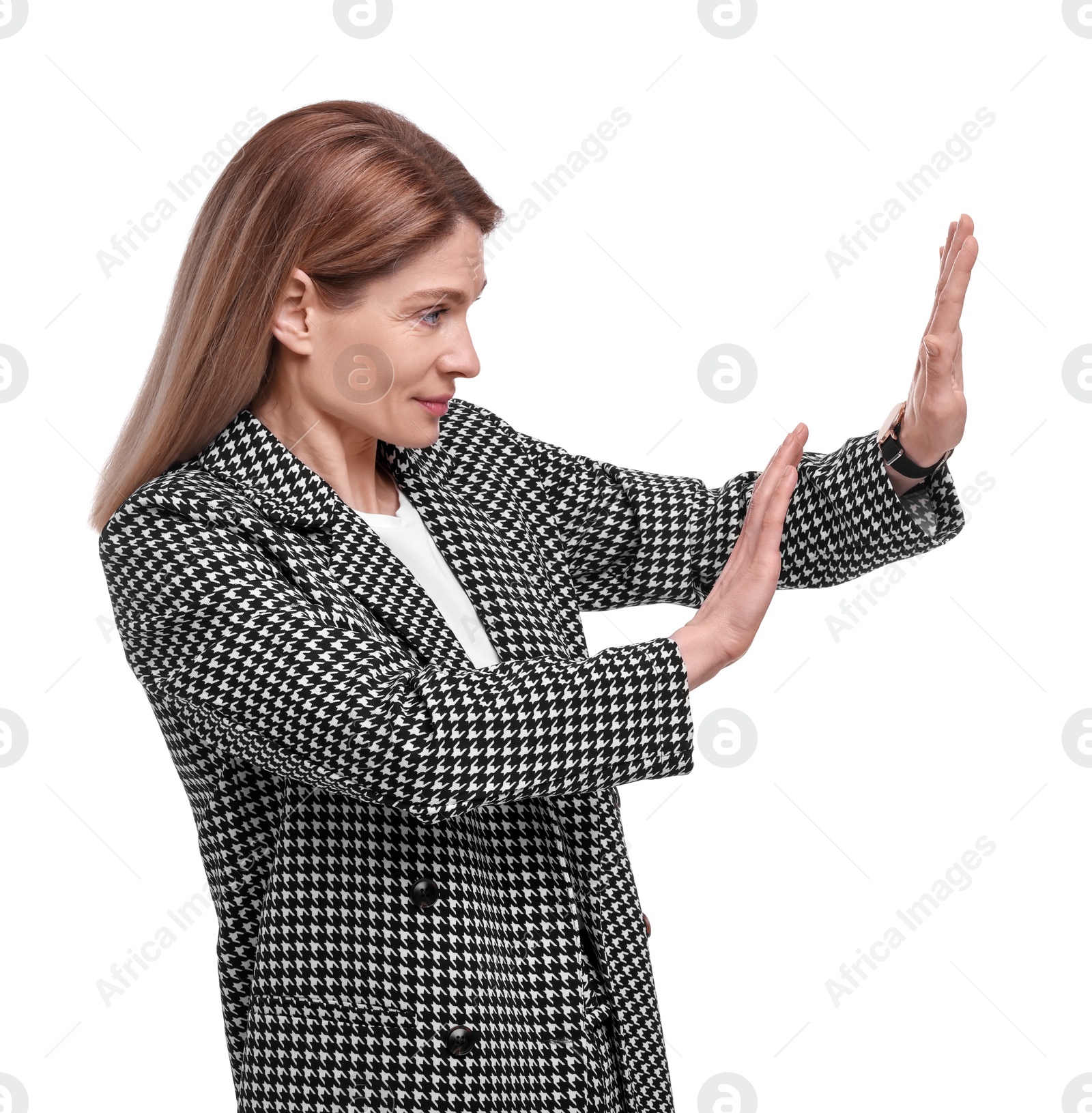 Photo of Beautiful businesswoman avoiding something on white background