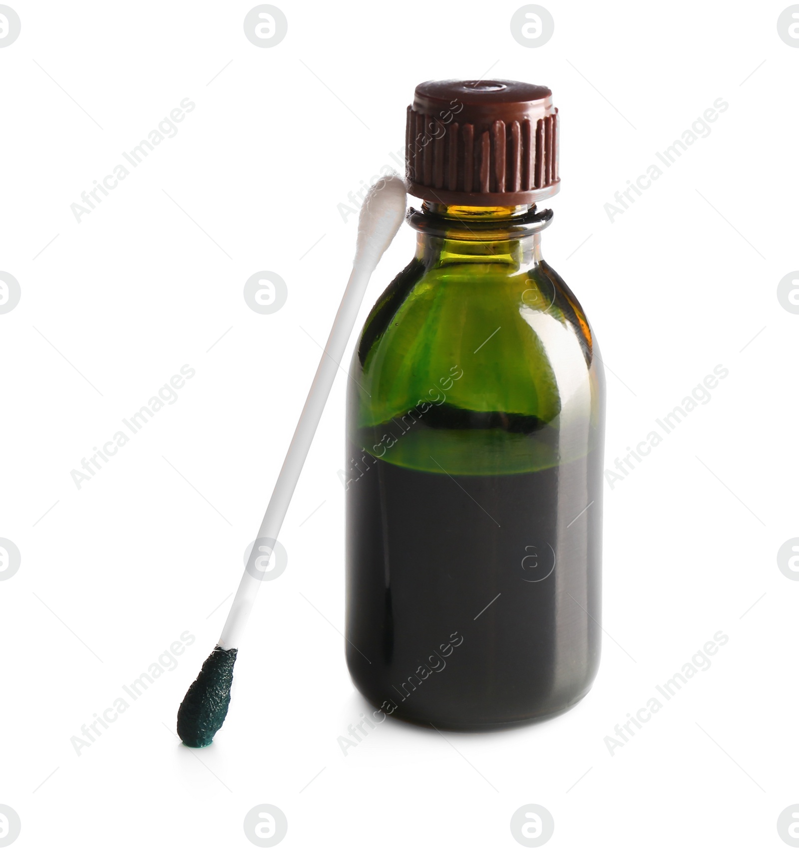 Photo of Bottle of brilliant green and cotton bud on white background