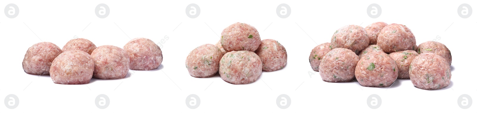 Image of Set with fresh raw meatballs on white background. Banner design