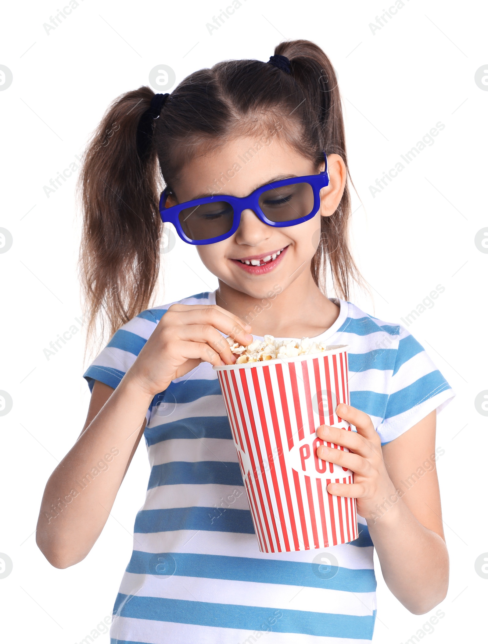 Photo of Cute little girl with popcorn and glasses on white background