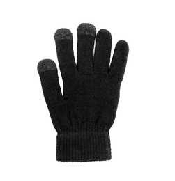 Photo of Black woolen glove on white background, top view. Winter clothes