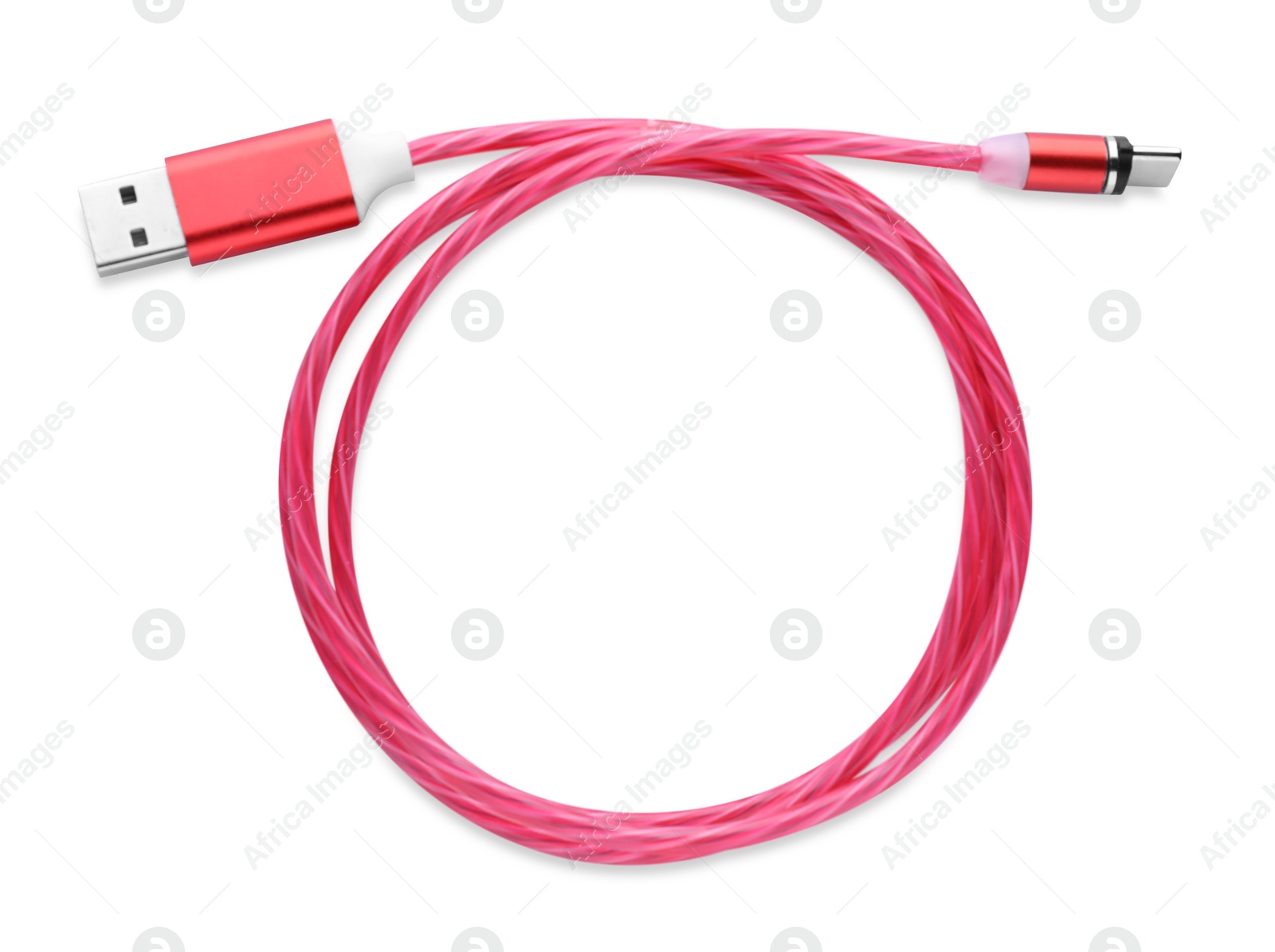 Photo of Red USB cable with type C connector isolated on white, top view