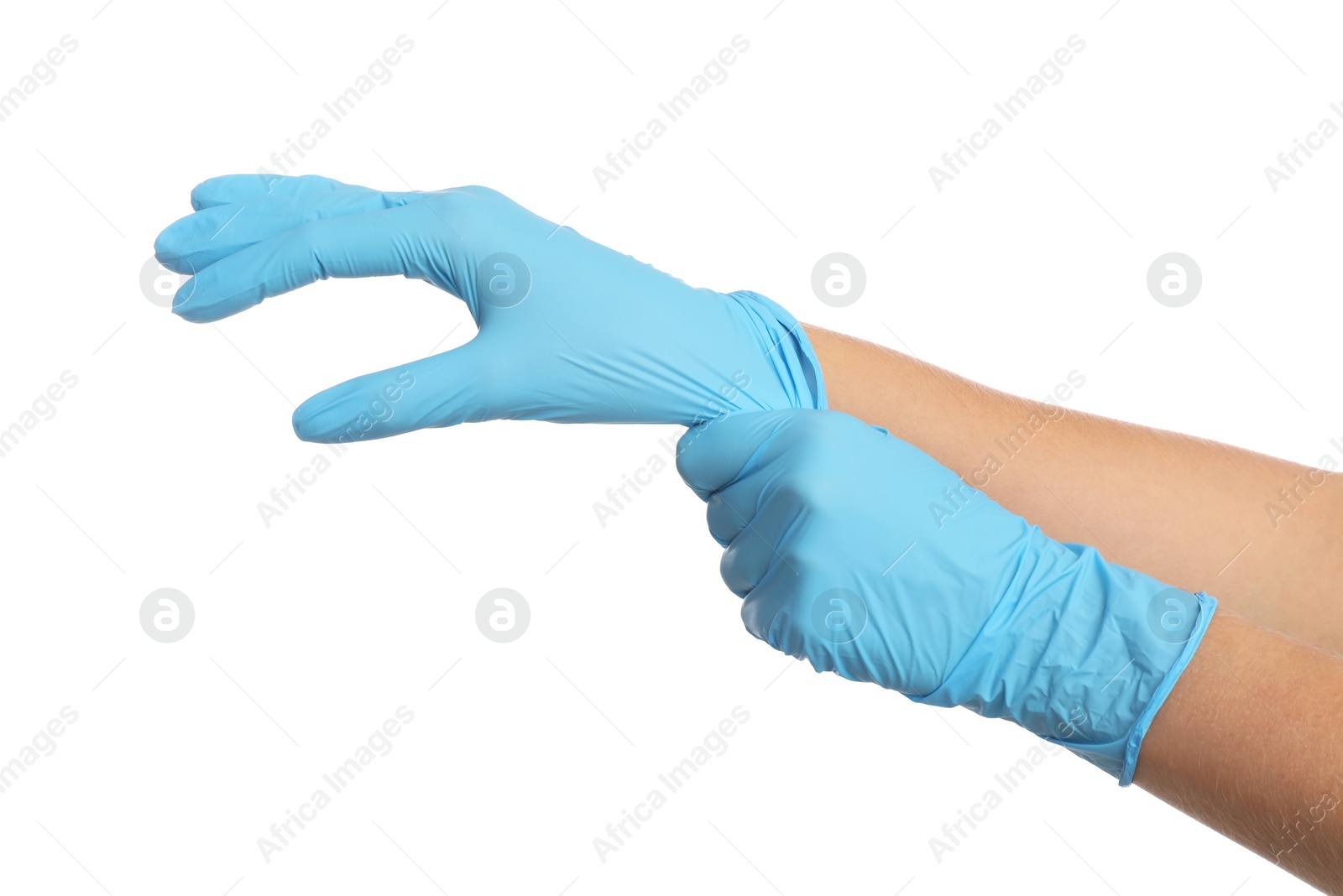 Photo of Doctor wearing medical gloves on white background, closeup