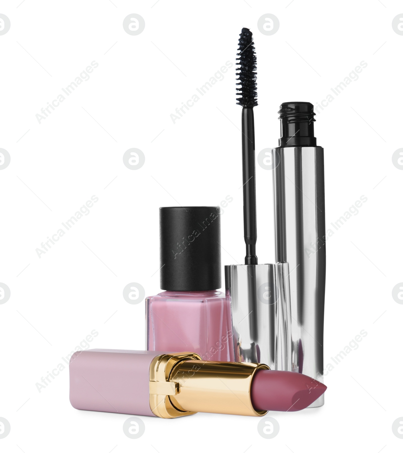 Photo of Different luxury decorative cosmetics on white background