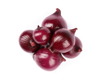 Photo of Fresh whole red onions on white background, top view