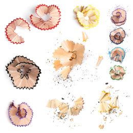 Image of Pencil shavings on white background, top view