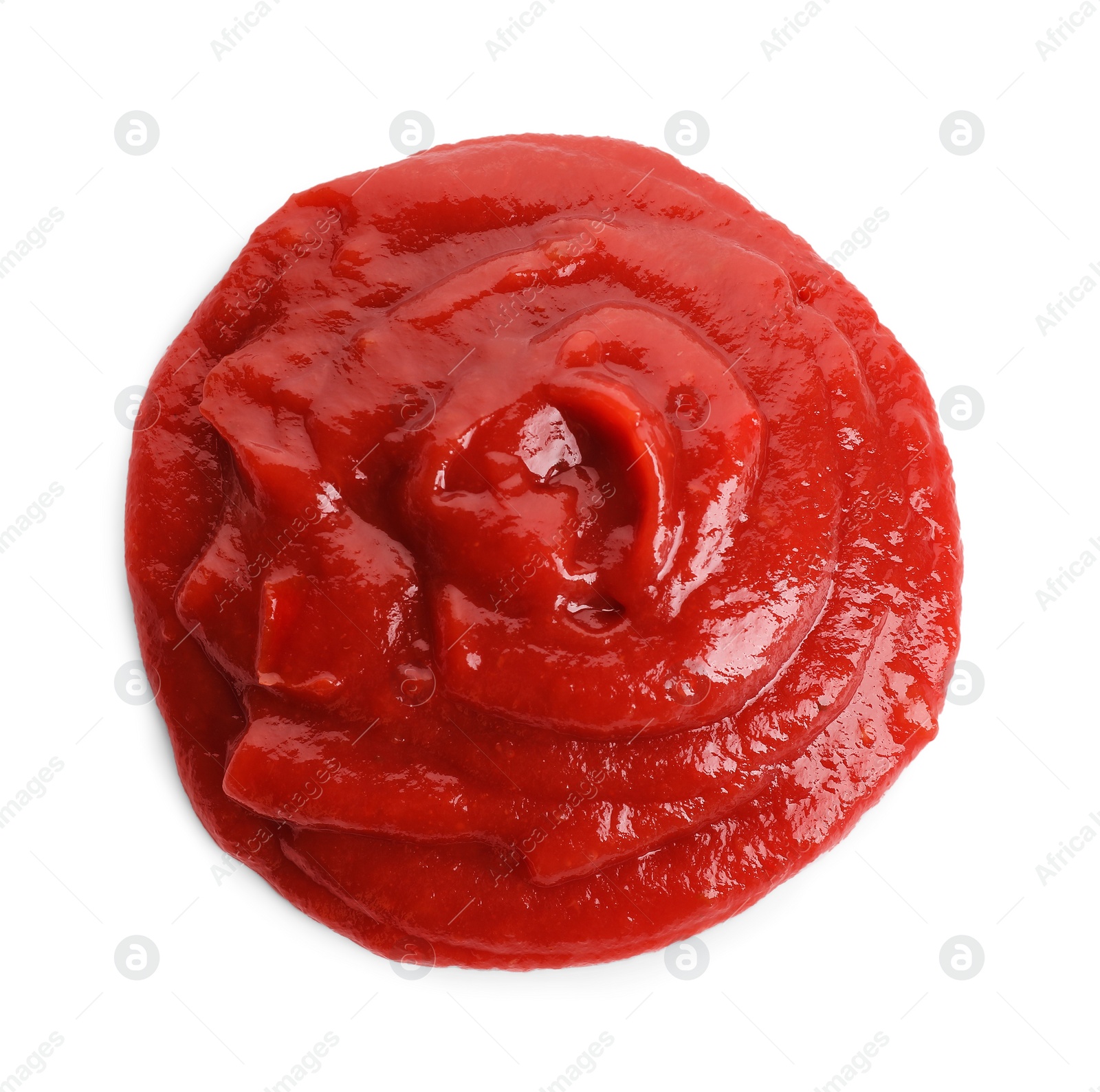 Photo of Tasty ketchup isolated on white, above view. Tomato sauce