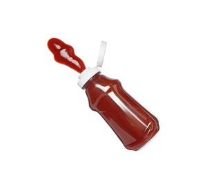 Squeezed ketchup from bottle isolated on white, top view