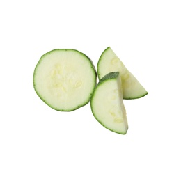 Photo of Slices of ripe zucchini on white background, top view