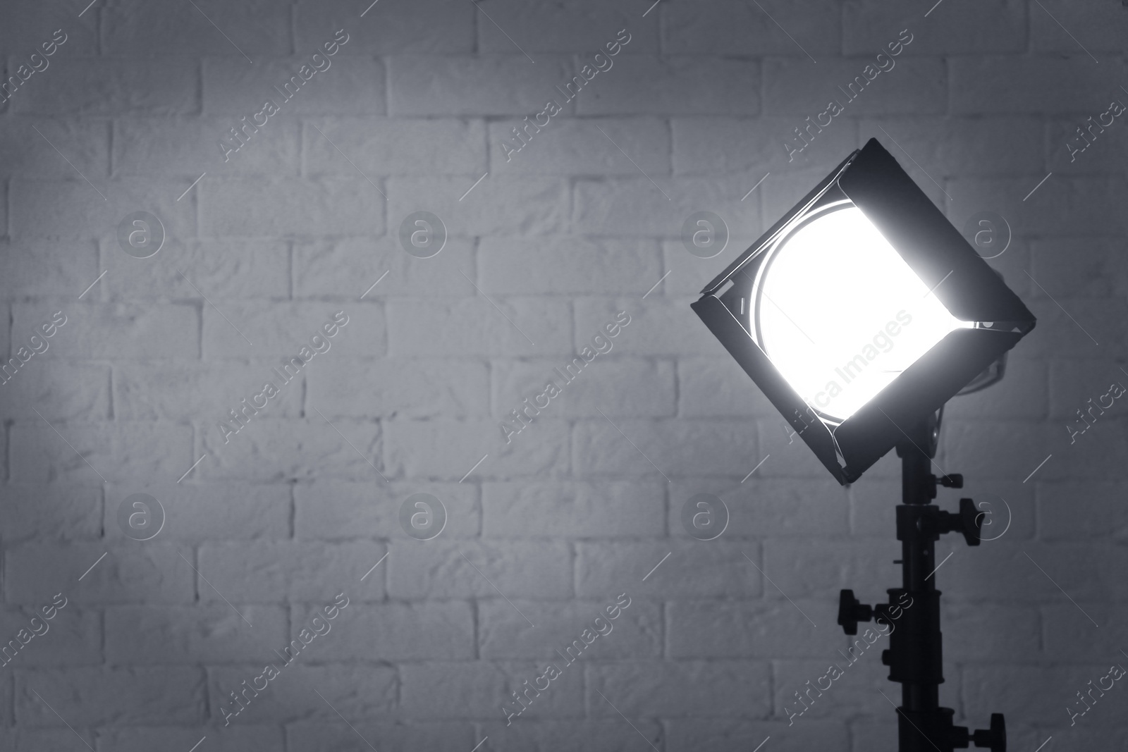 Photo of Professional photo studio lighting equipment near brick wall. Space for text