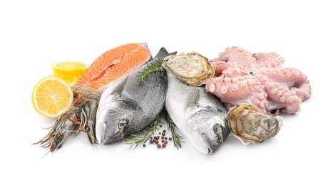 Photo of Fresh dorado fish, octopus, shrimps, oysters and salmon on white background