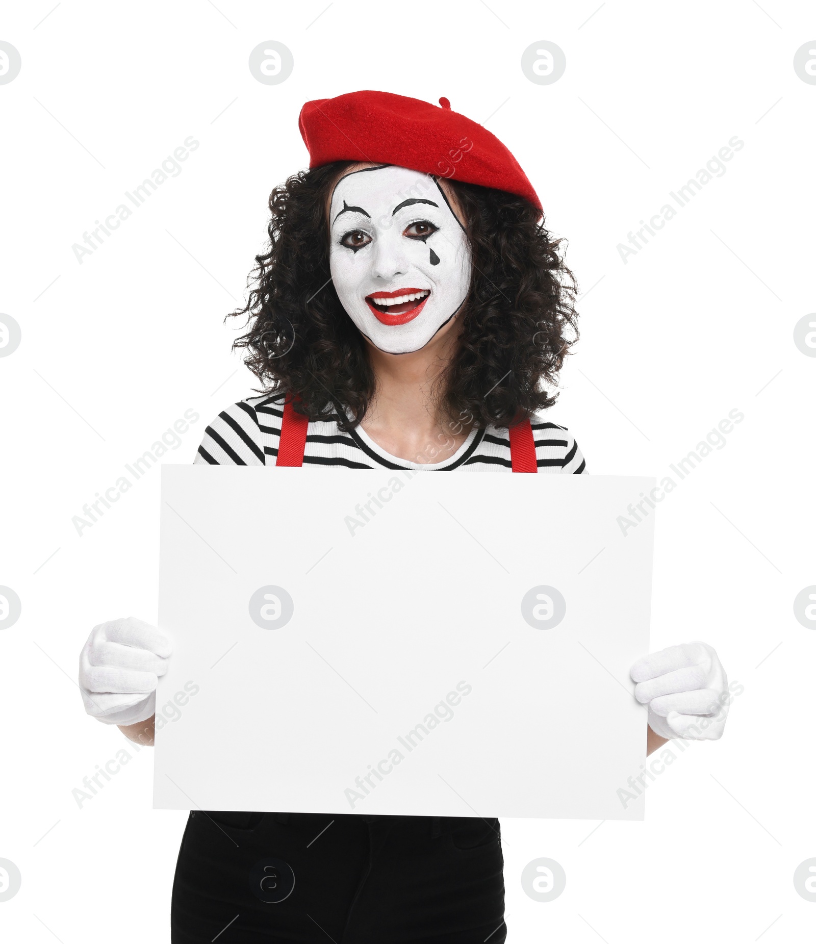 Photo of Funny mime with blank sign posing on white background