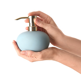 Photo of Woman holding soap dispenser on white background, closeup