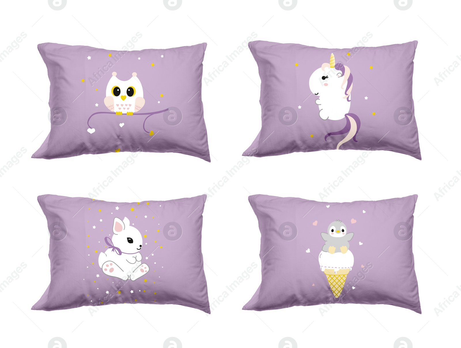 Image of Soft pillows with cute prints isolated on white, set