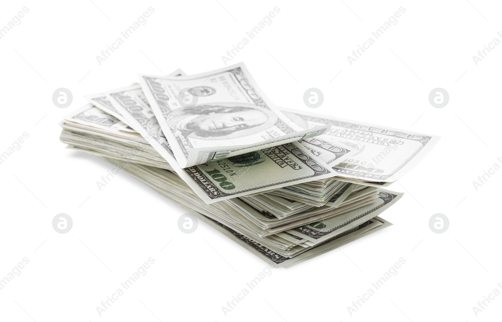 Photo of Many dollar banknotes on white background. American national currency