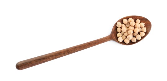 Photo of Wooden spoon with chickpeas on white background, top view. Natural food